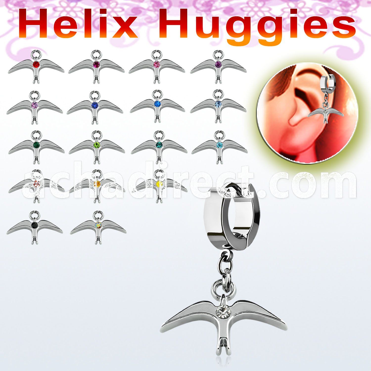 ehh463 steel helix huggie w plain bird with a center crystal 
