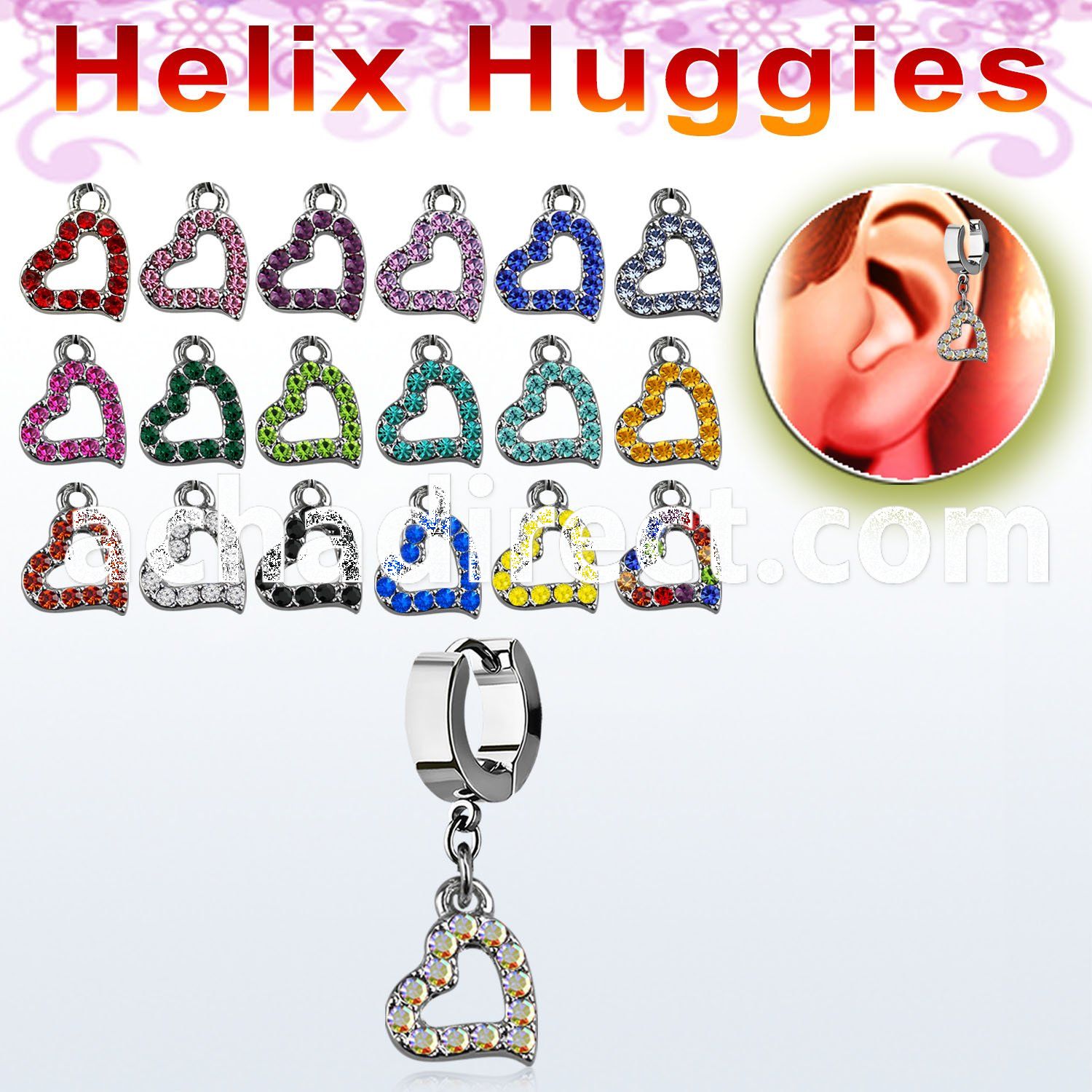 ehh542 helix huggie w heart shaped crystal studded dangling