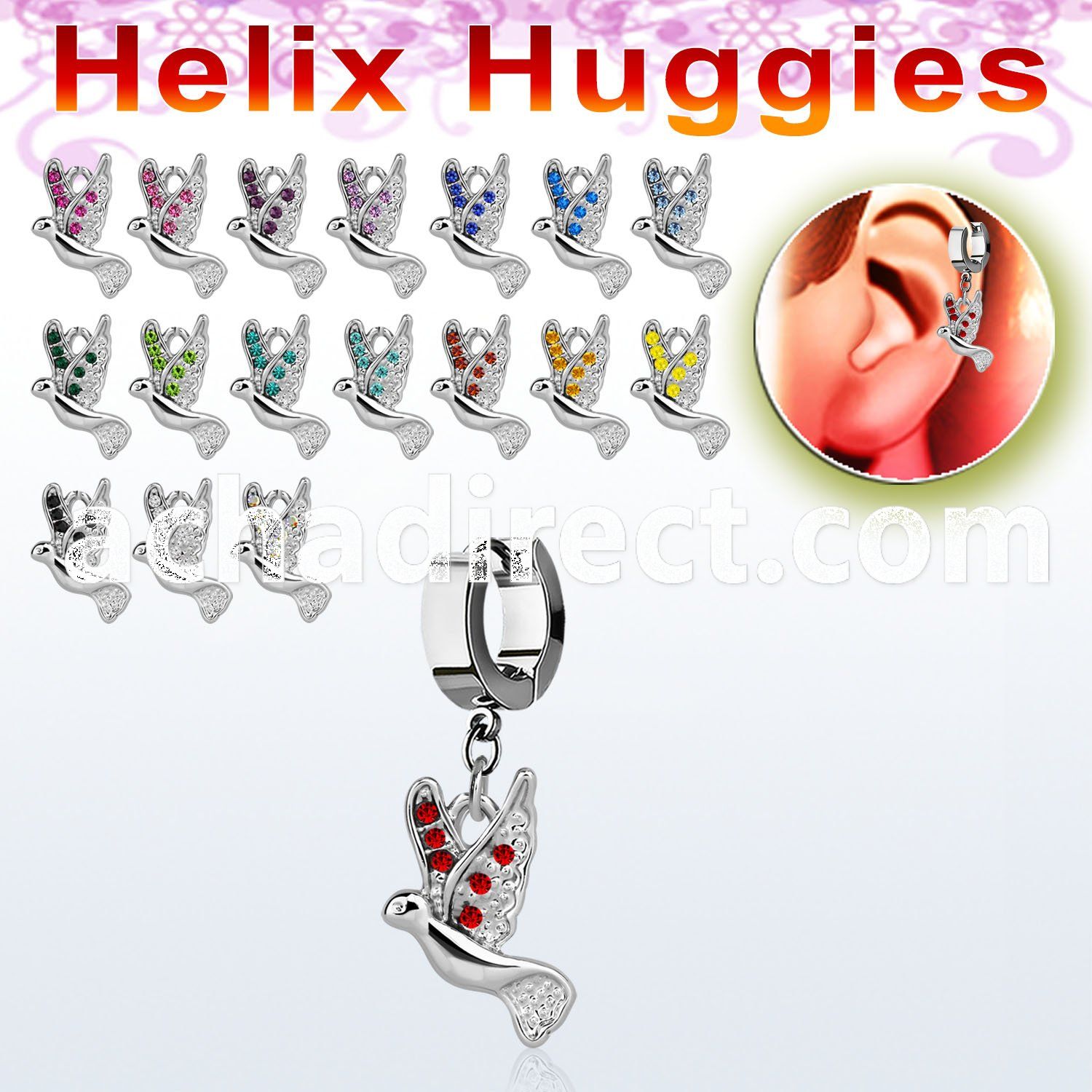 ehh550 helix huggie w a dangling dove with tiny crystals