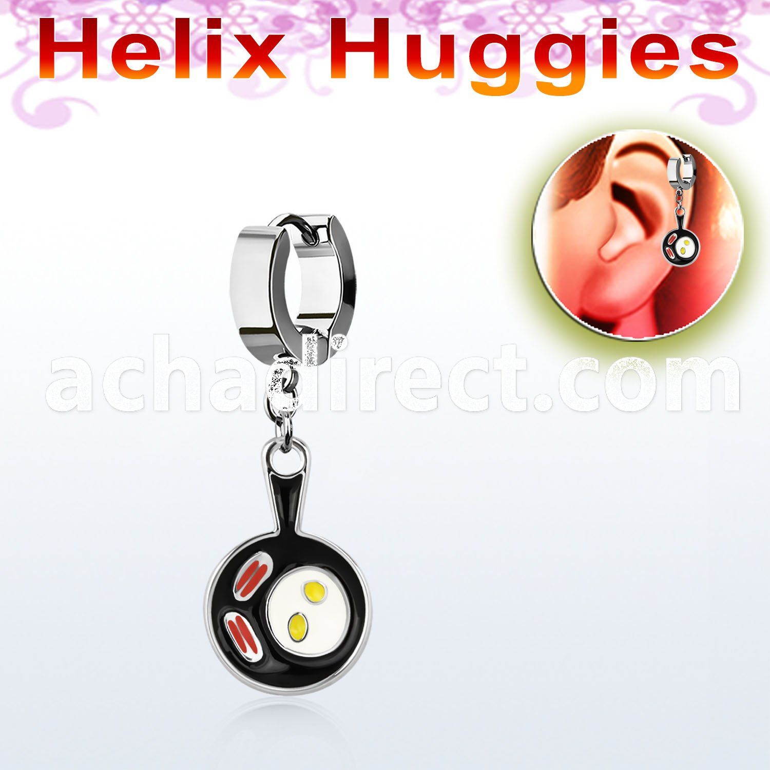 ehh646 helix huggie w a dangling bacon and eggs in a black pan