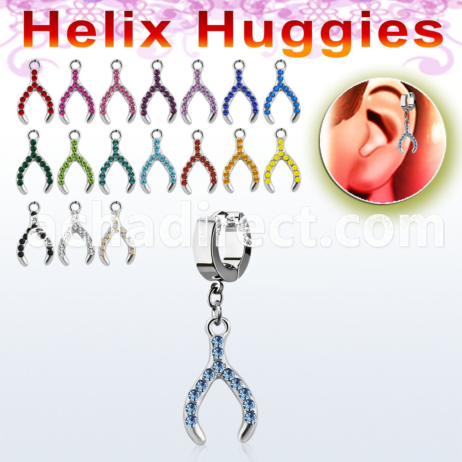 ehh669 steel helix huggie w crystal studded wish bone design 