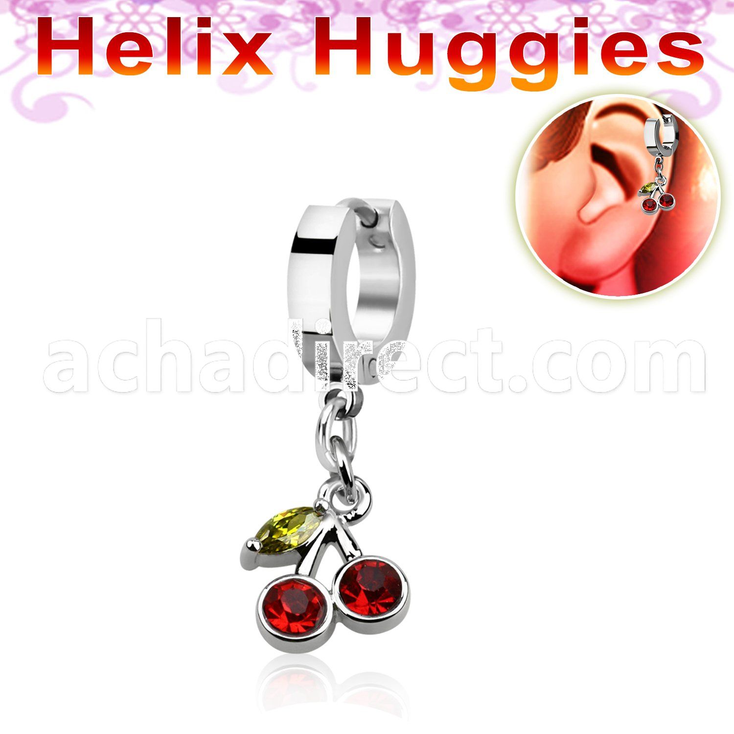 ehhchz helix huggie w a dangling crystal cherry design