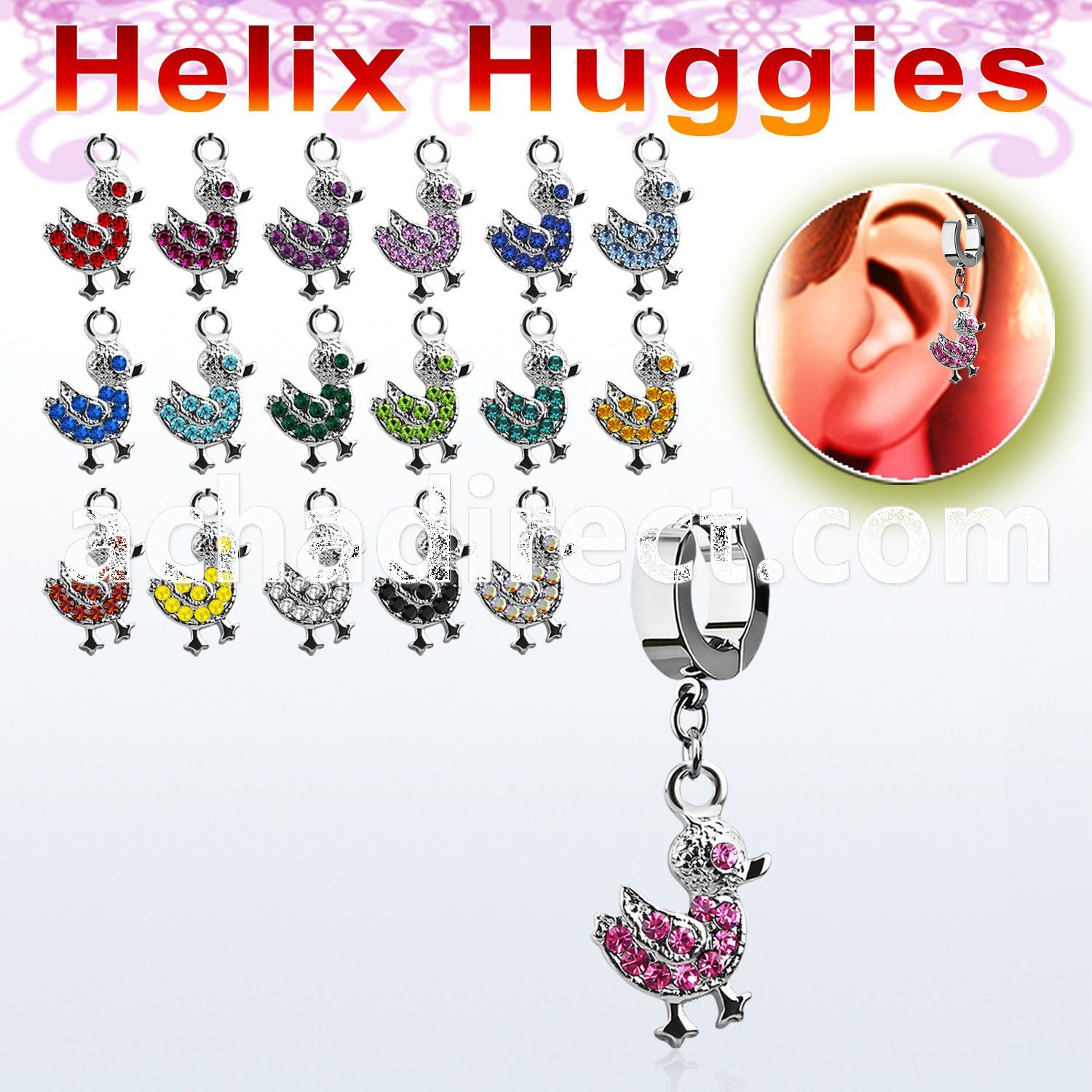 ehhdk2 helix huggie w a dangling crystal duck