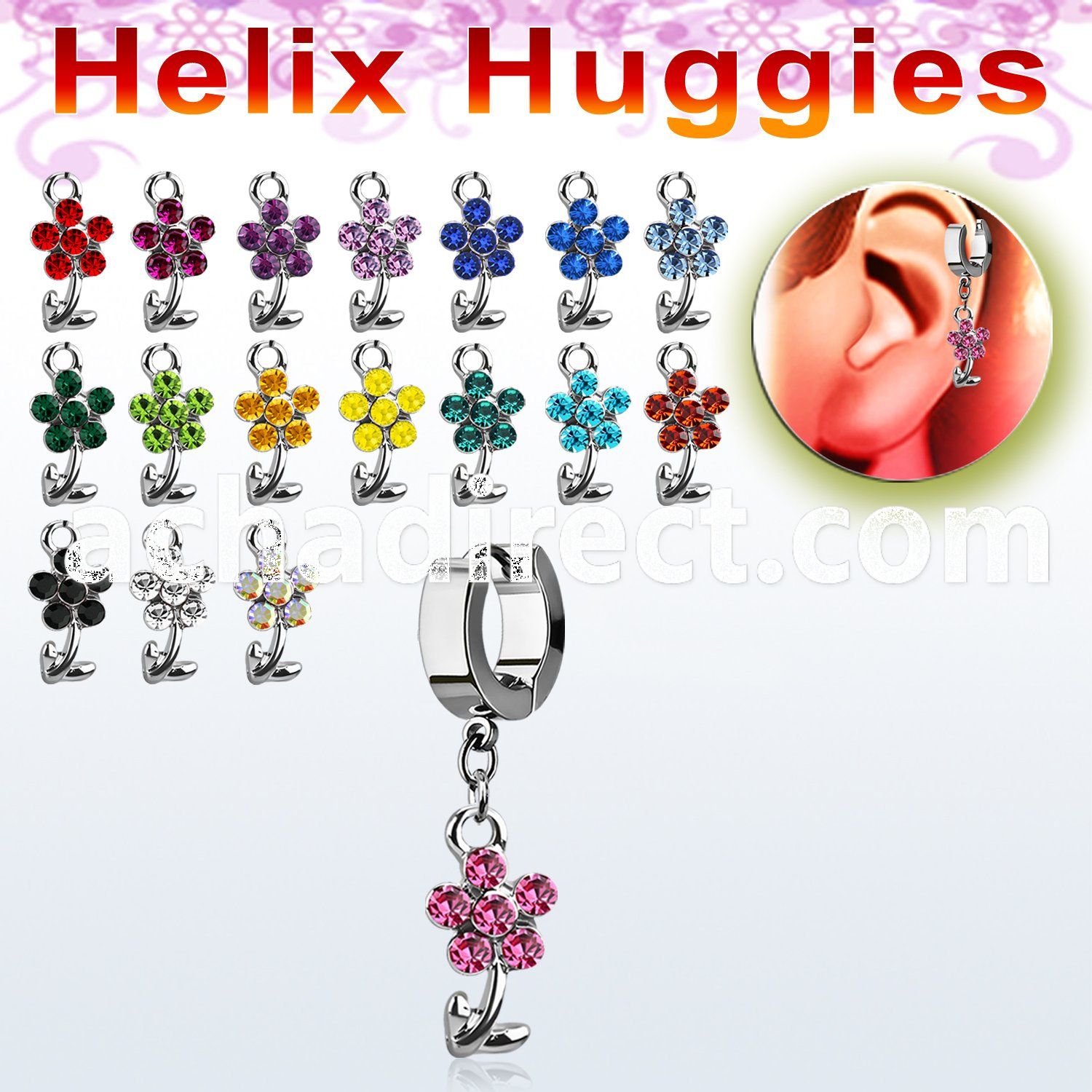 ehhfl15 helix huggie w a dangling crystal flower