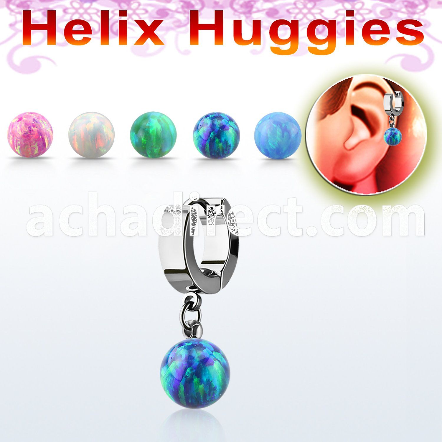 ehhop helix huggie w a dangling synthetic opal ball