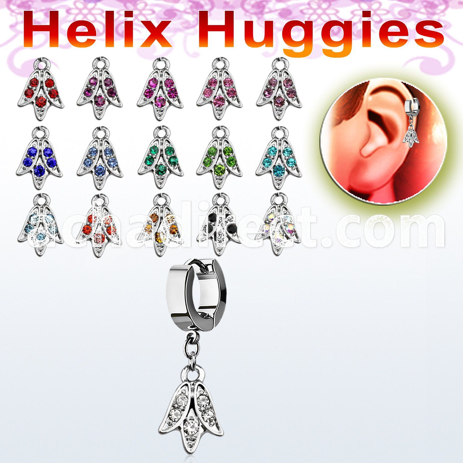ehhtu1 helix huggie w a dangling crystal tulip flower design