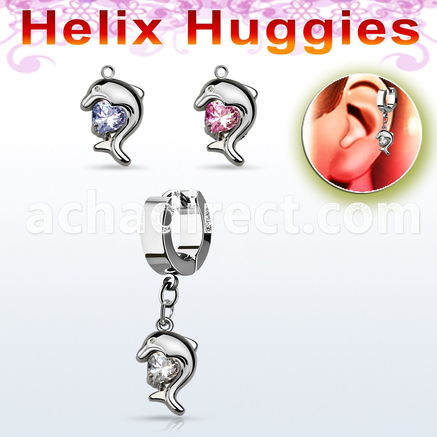 ehhz300 helix huggie w a dangling dolphin design with cz
