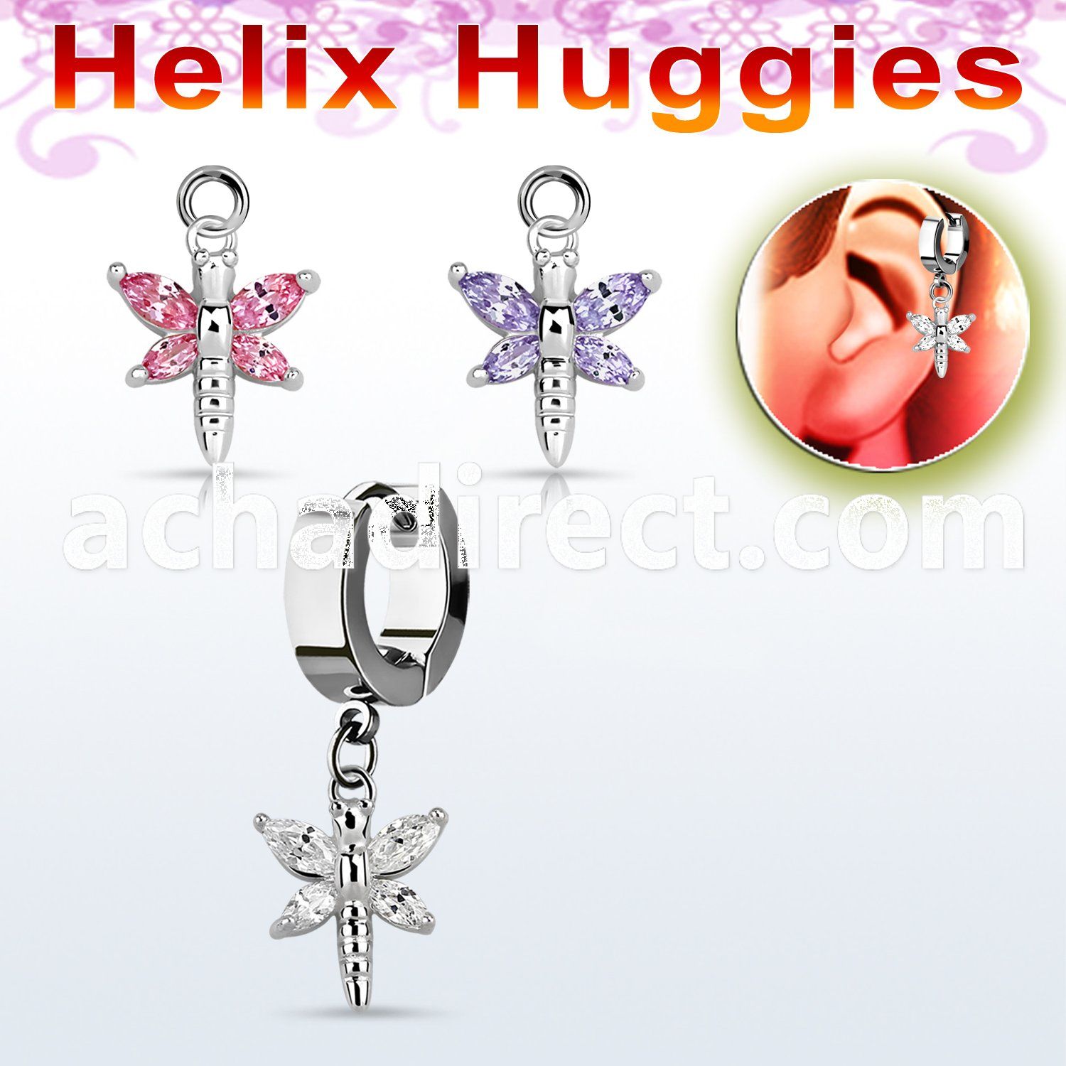 ehhz349 helix huggie w a dangling dragonfly design with cz wings