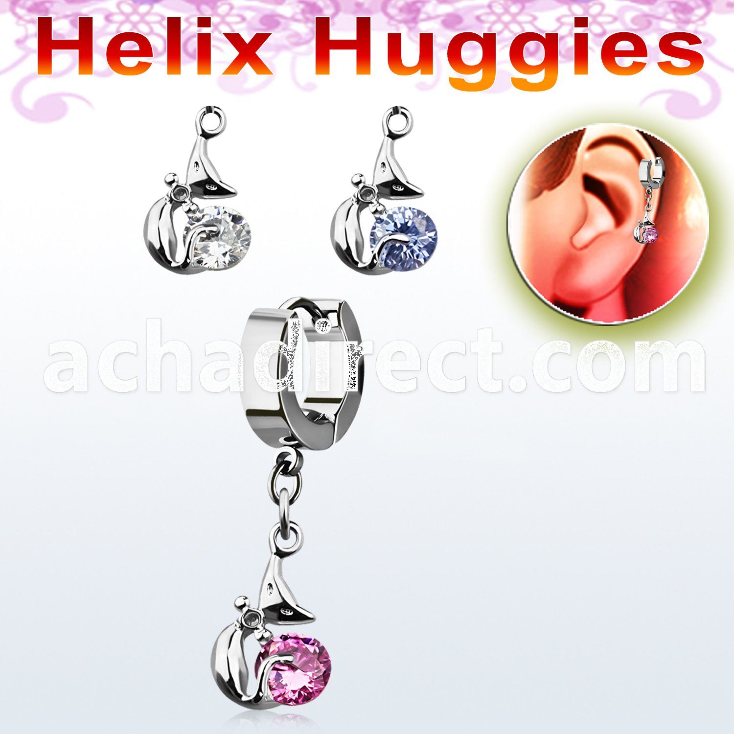 ehhz378 helix huggie w a dangling ladycat design w round cz