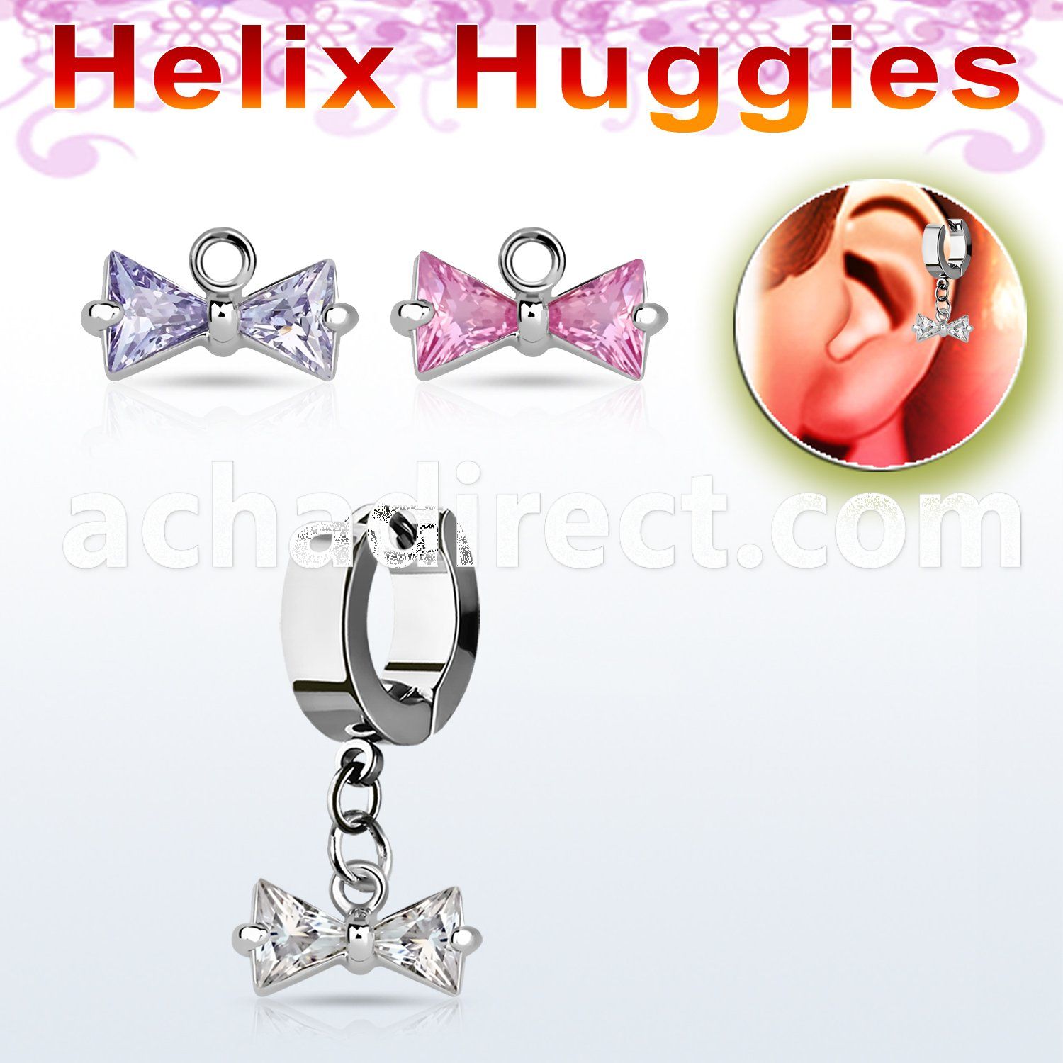 ehhz408 helix huggie w a dangling prong set cz bow
