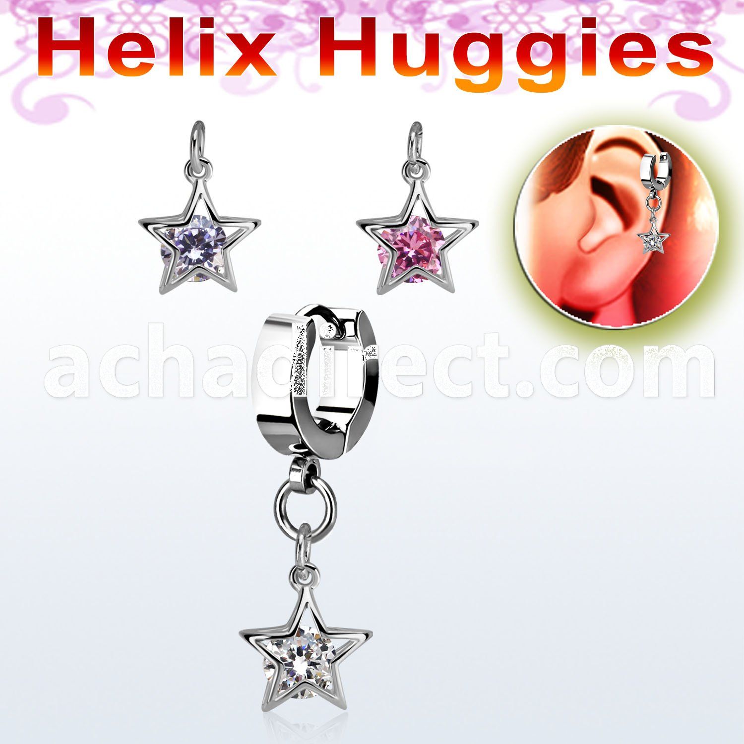 ehhz414 steel helix huggie earring w a dangling star w round cz