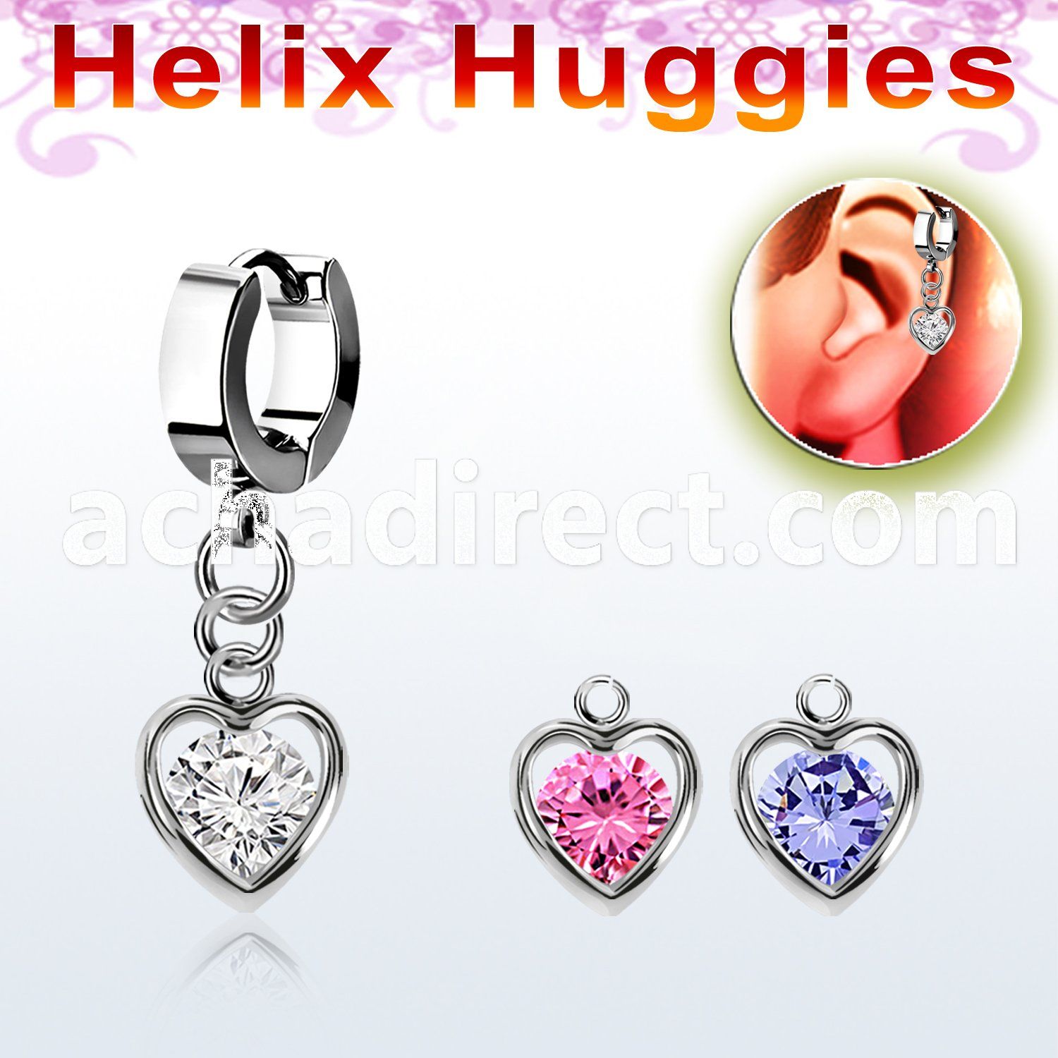 ehhz419 stainless steel helix huggie w dangling heart cz