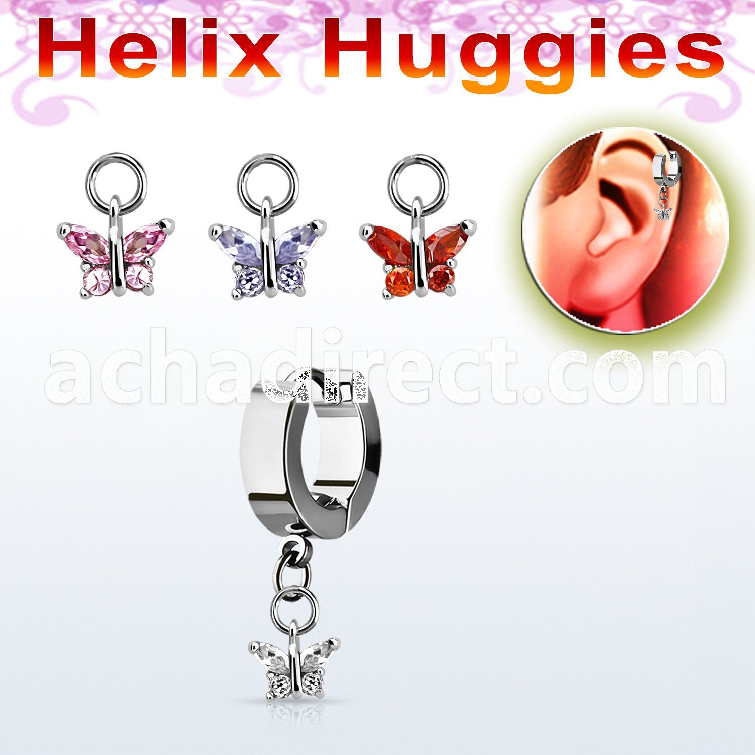 ehhz589 stainless steel helix huggie w dangling butterfly w cz