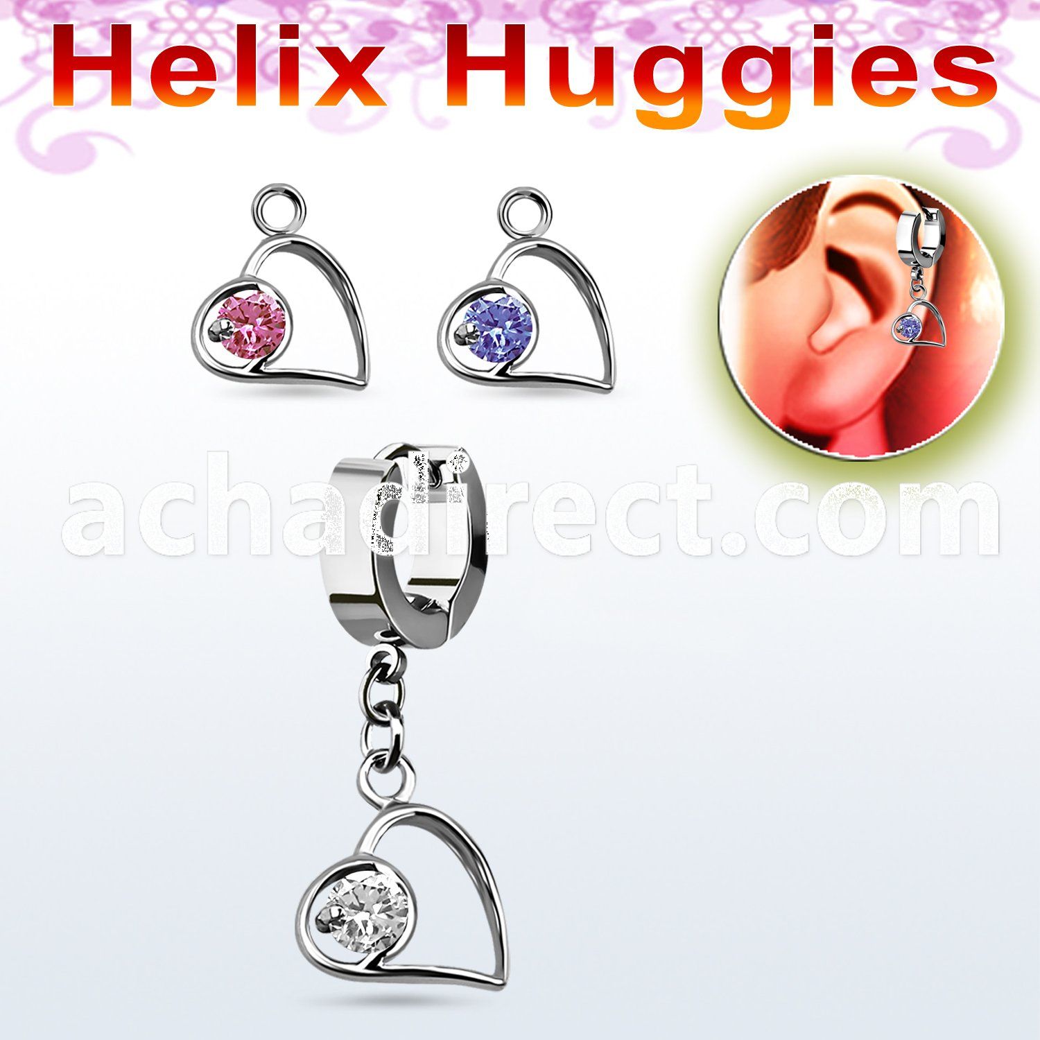 ehhz66 helix huggie w a dangling lying heart shape w round cz