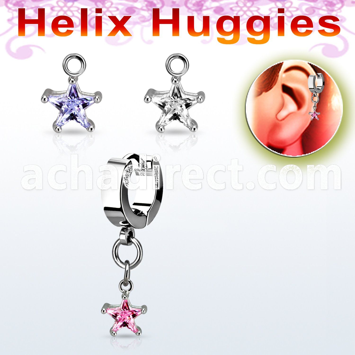 ehhzs6 steel helix huggie w a dangling w dangling 6mm star cz 