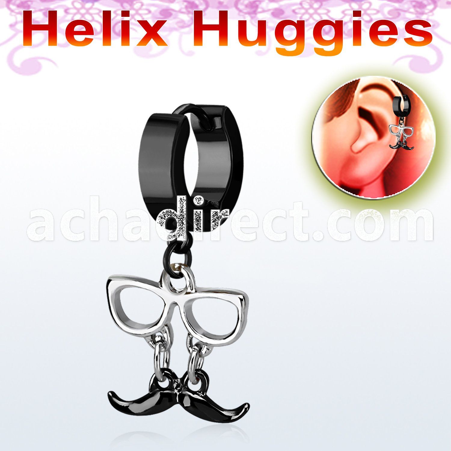 ehk507 black steel helix huggie w dangling black mustache