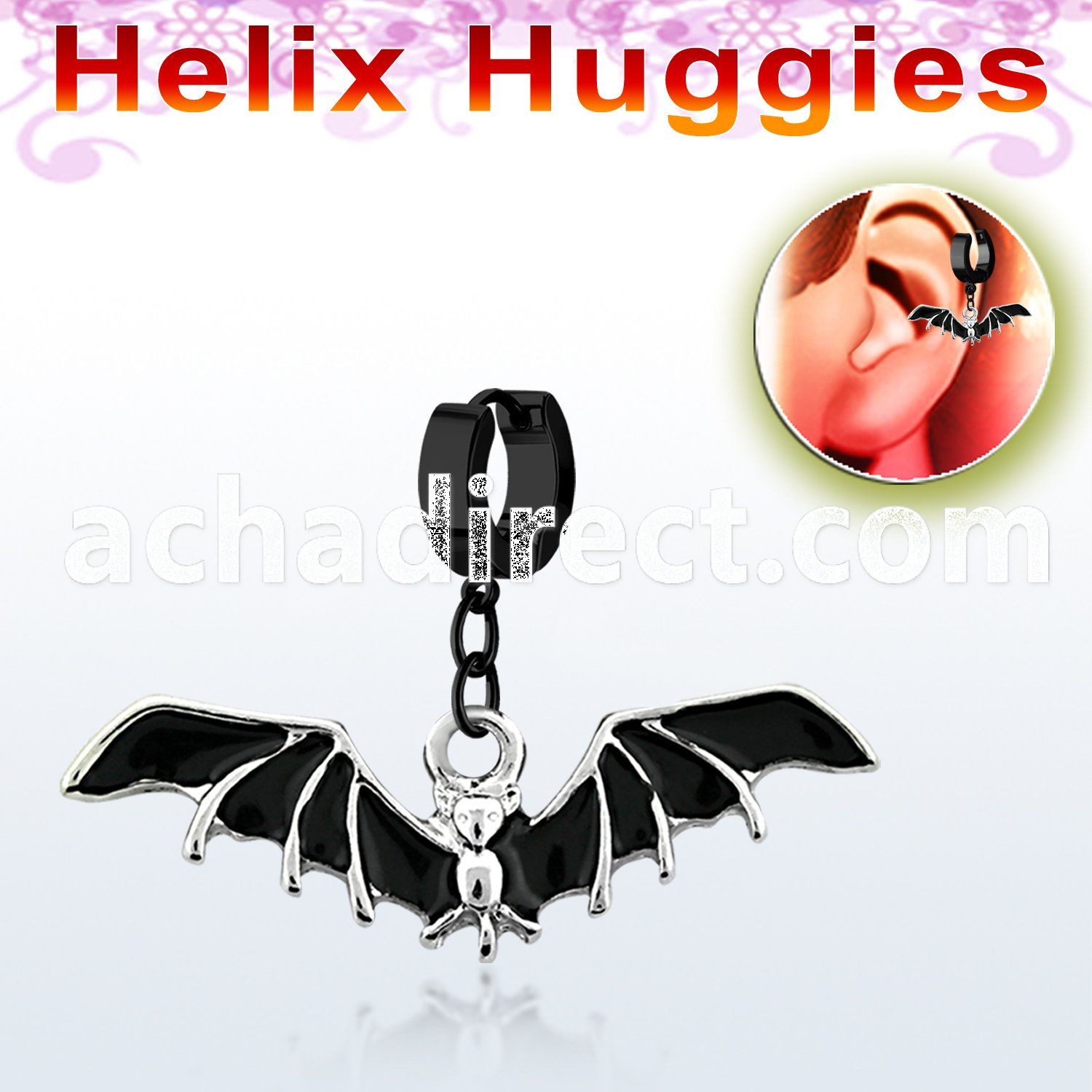 ehk569 black steel helix huggie w dangling black bat