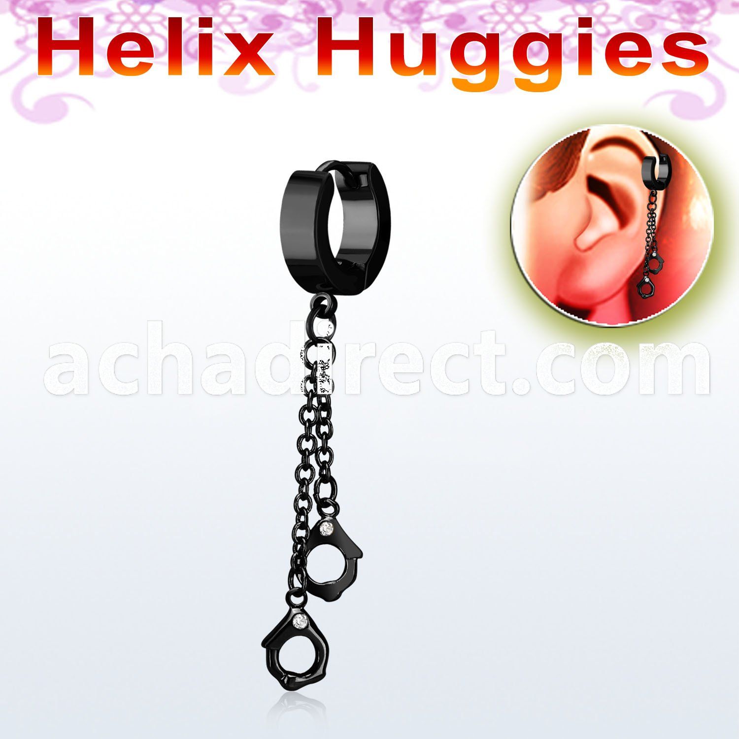 ehk652 black steel helix huggie w dangling black handcuffs