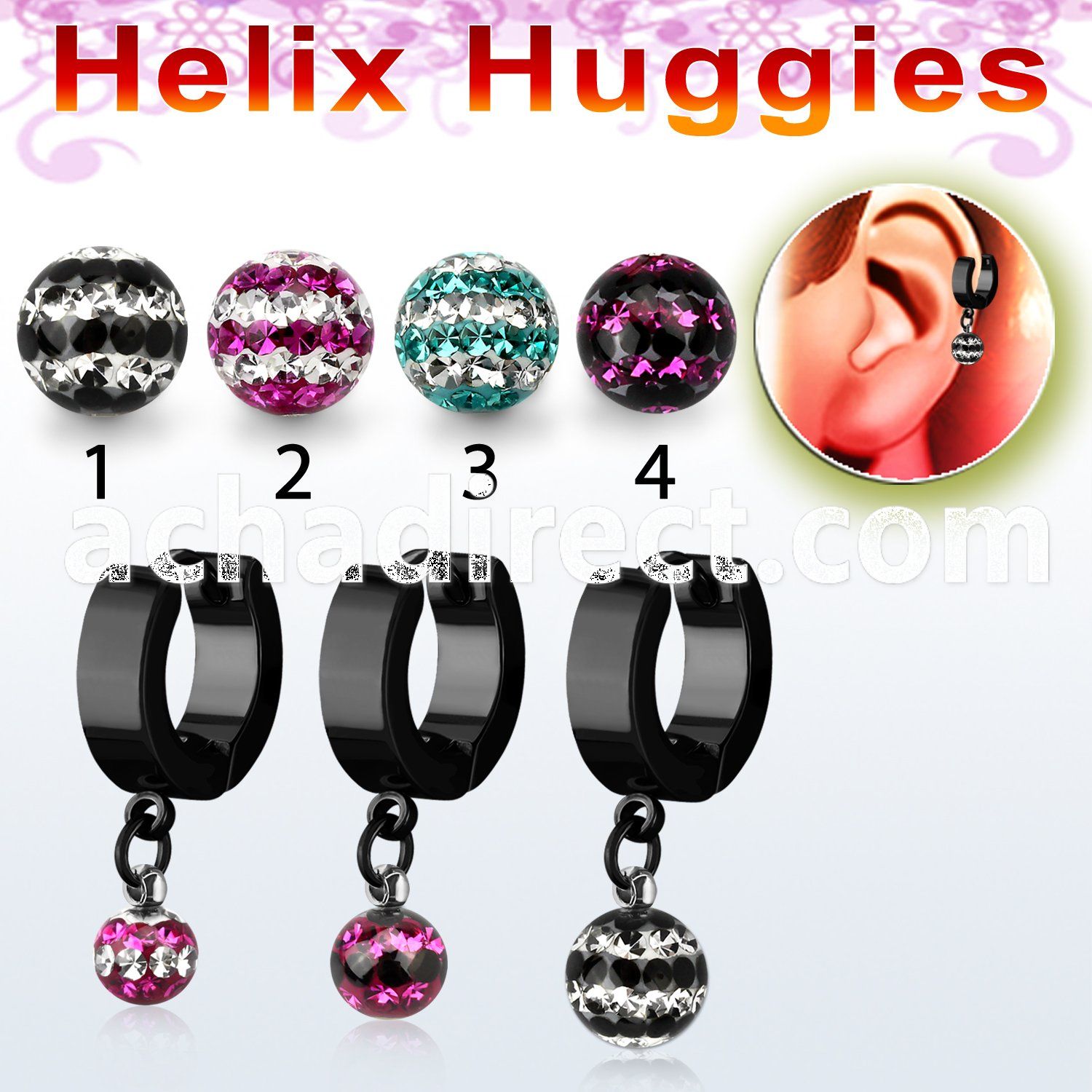 ehkfrd black steel helix huggie w triple line multi crystal ball