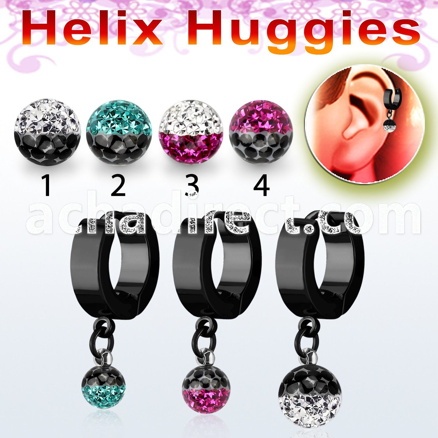 ehkfre black steel helix huggie w two color multi crystal ball
