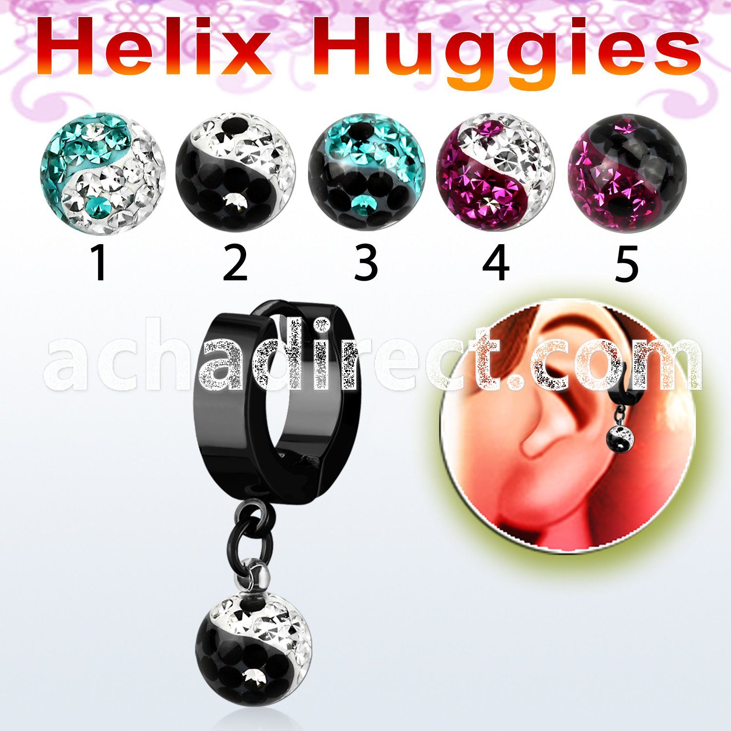 ehkfry8 black steel helix huggie w multi crystal ying yang ball