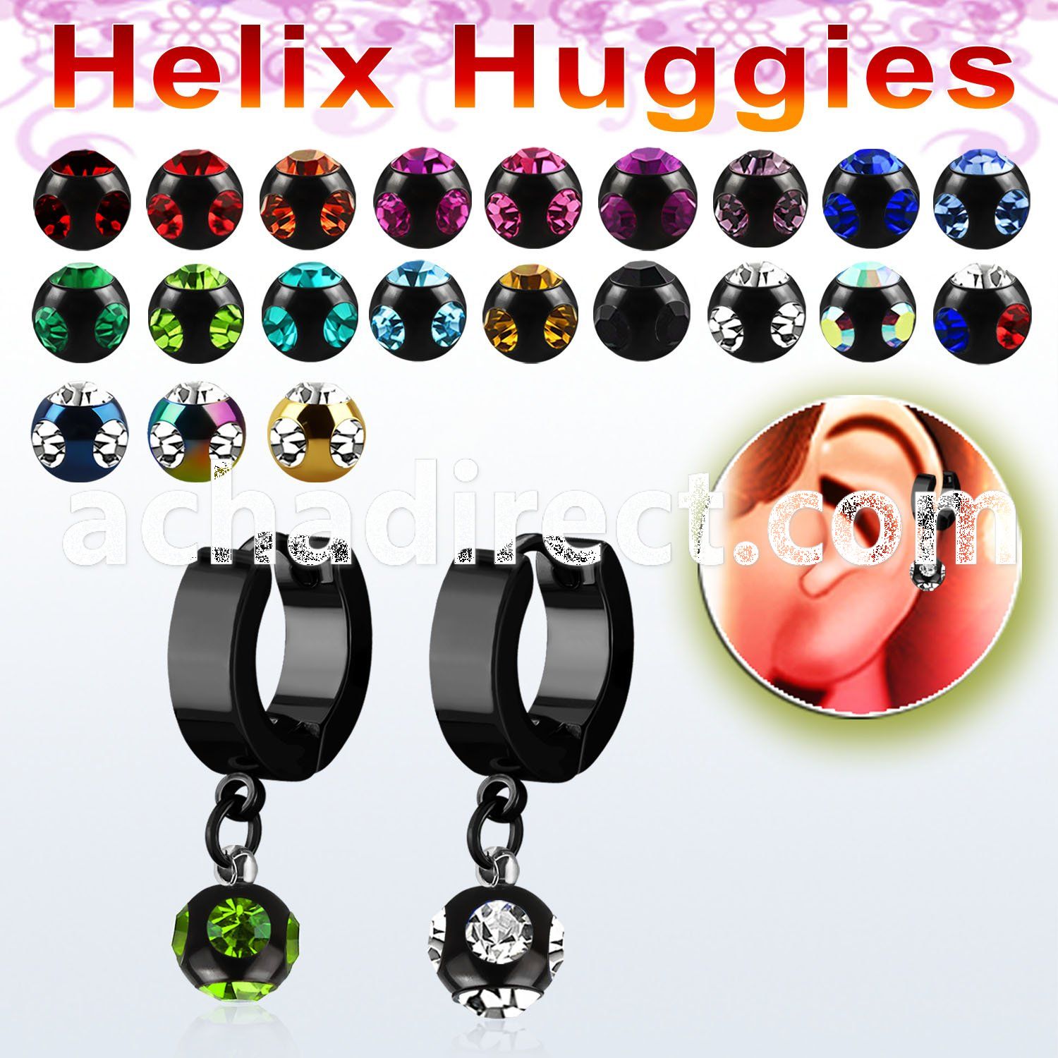 ehkmjt black stainless steel helix huggie w multi jewel ball