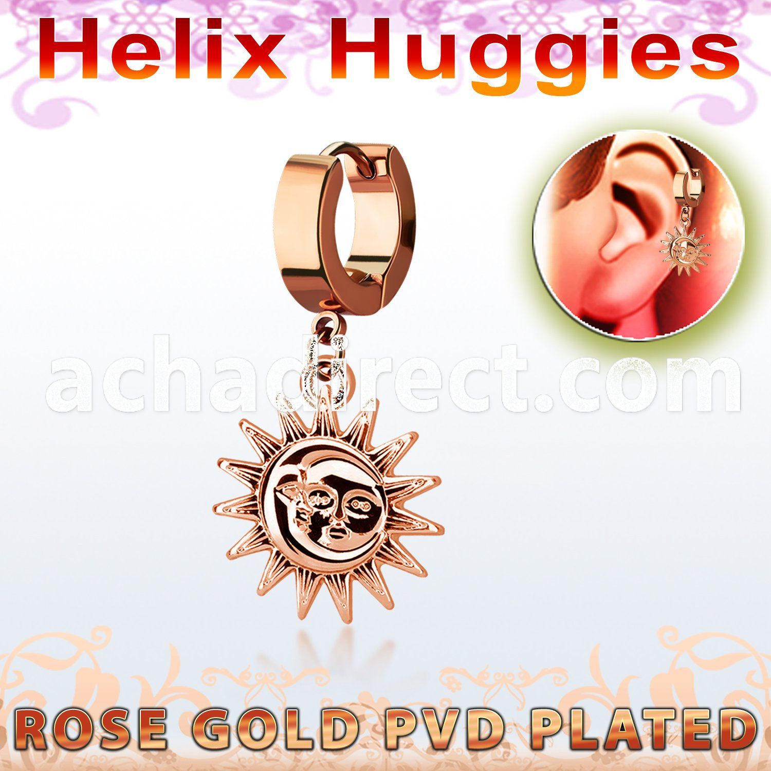 ehr726 rose gold steel helix huggie earring w a dangling sun