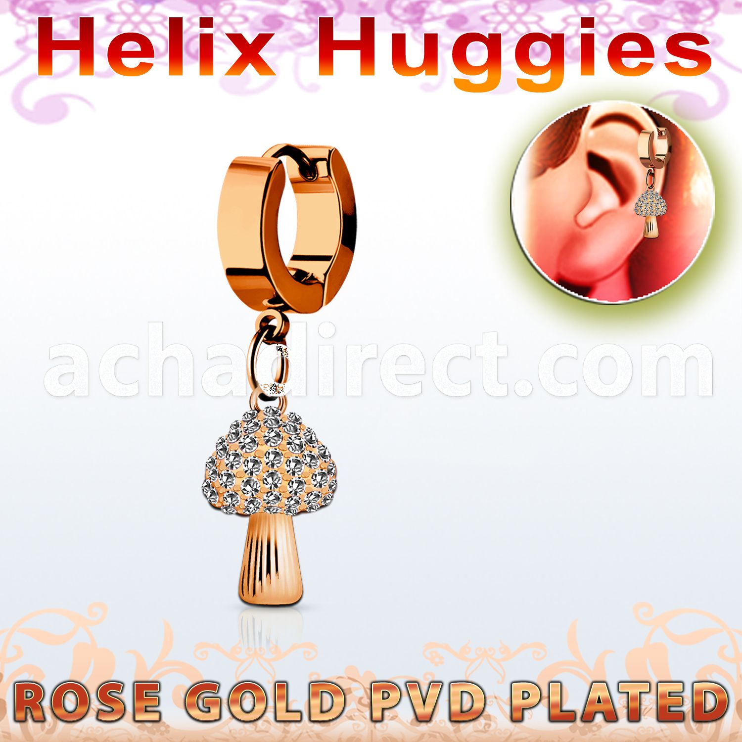 ehr764 rose gold stainless steel helix huggie crystal mushroom 