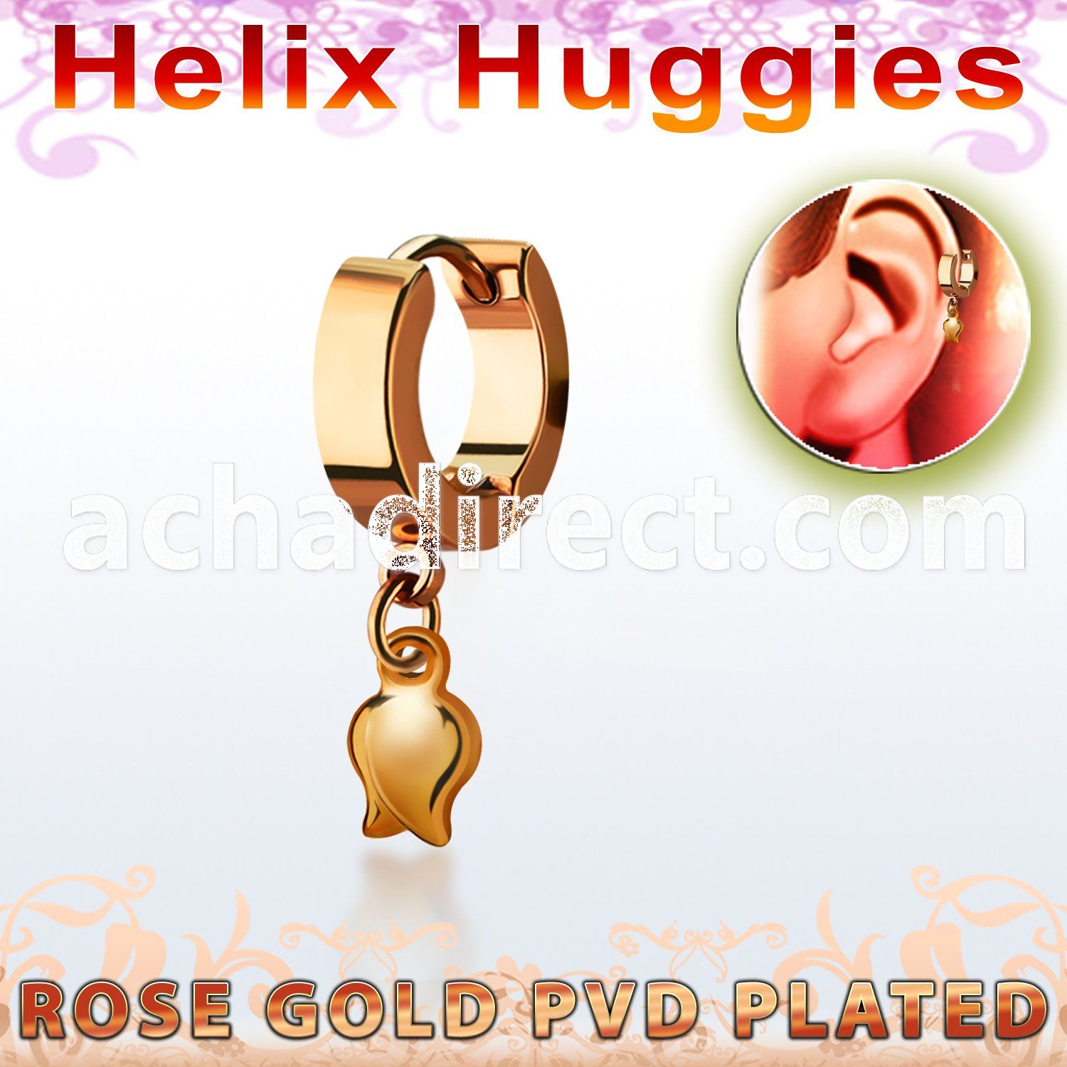 ehr767 rose gold steel helix huggie earring w a dangling tulip