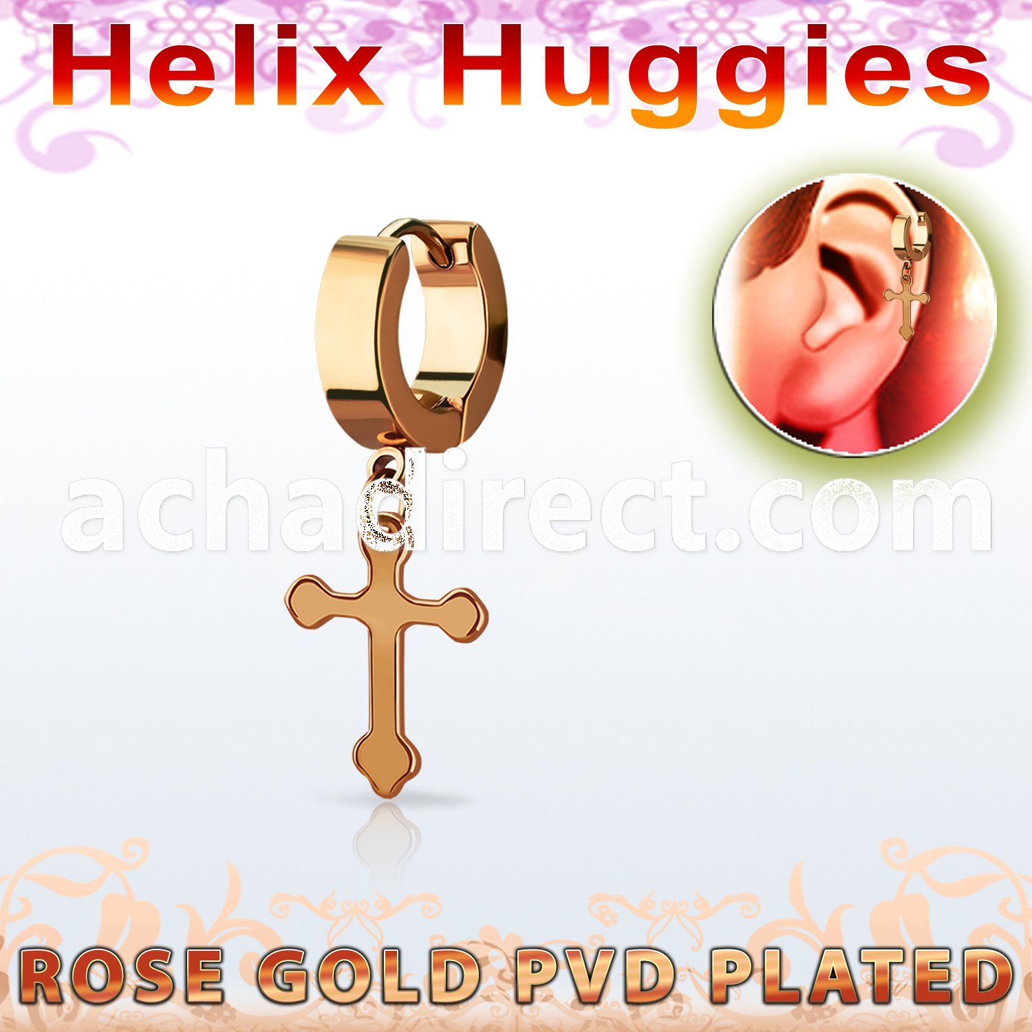 ehrcro rose gold stainless steel helix huggie w dangling cross 