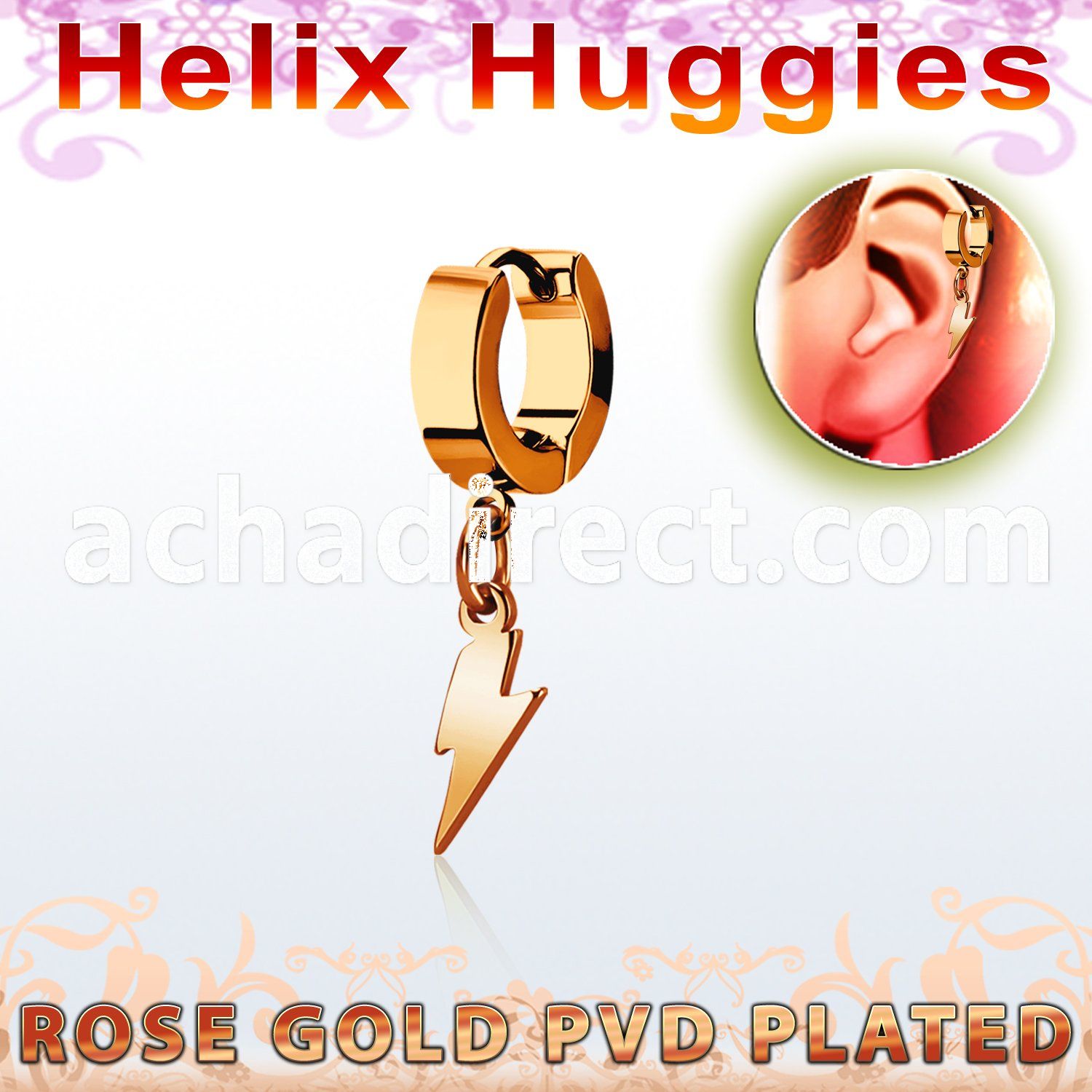 ehrlit rose gold steel helix huggie w dangling lightning symbol