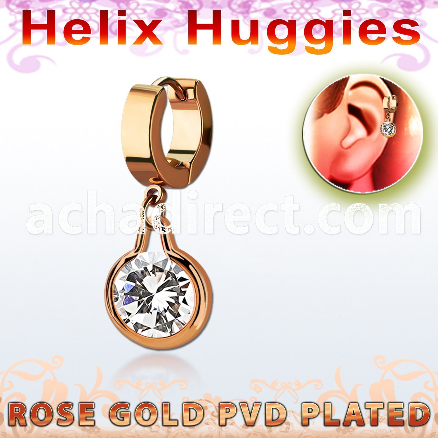 ehrz417 rose gold steel helix huggie earring w dangling w cz