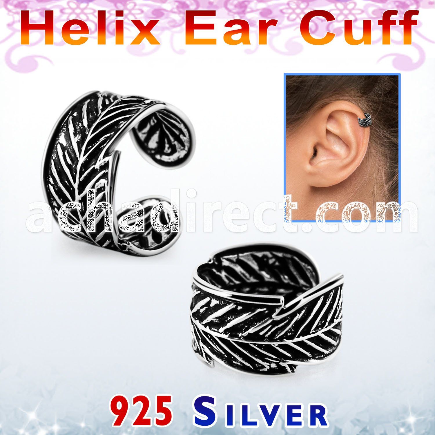 ehvcf14 sterling silver helix ear cuff with leaf design