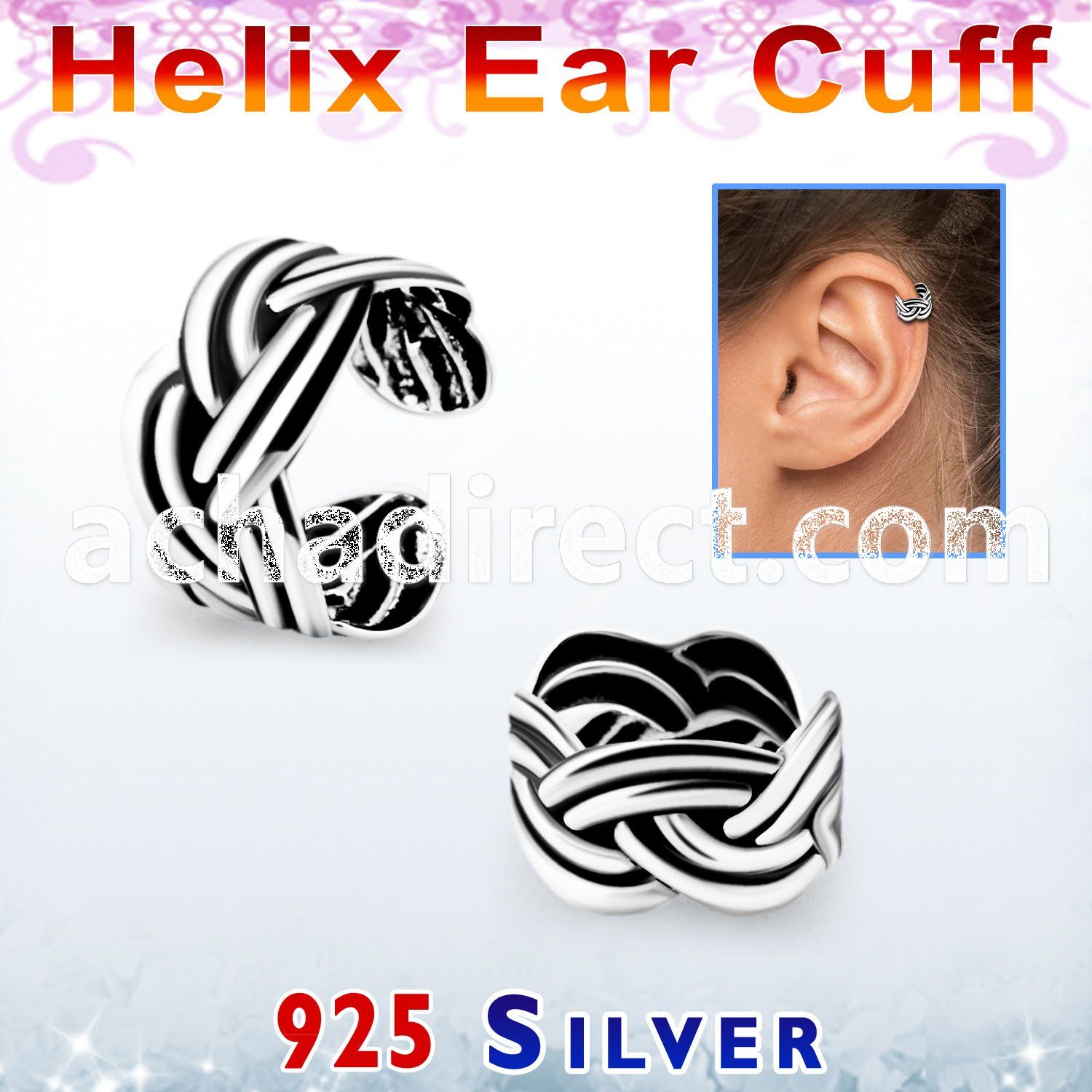 ehvcf16 sterling silver helix ear cuff with weave pattern design