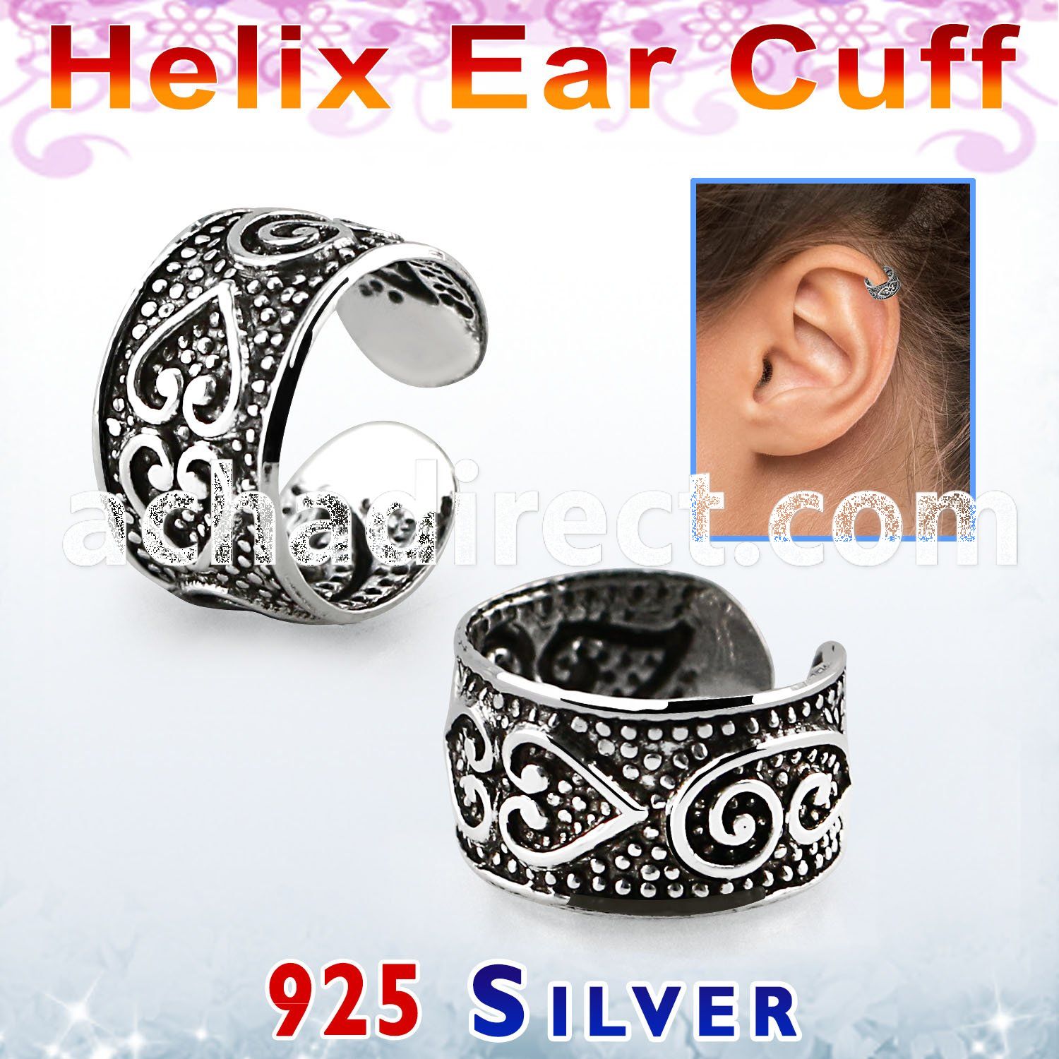 ehvcf24 sterling silver helix ear cuff with tribal hearts design