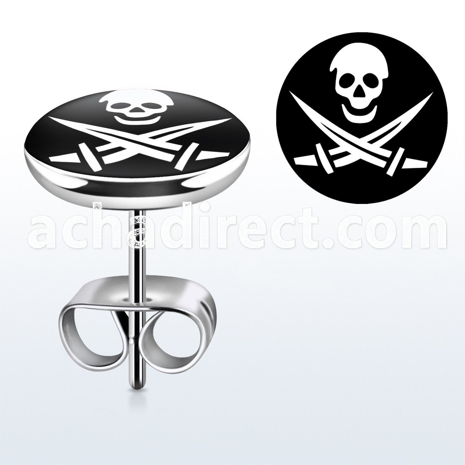er196 pair of stainless steel ear studs with skull swords