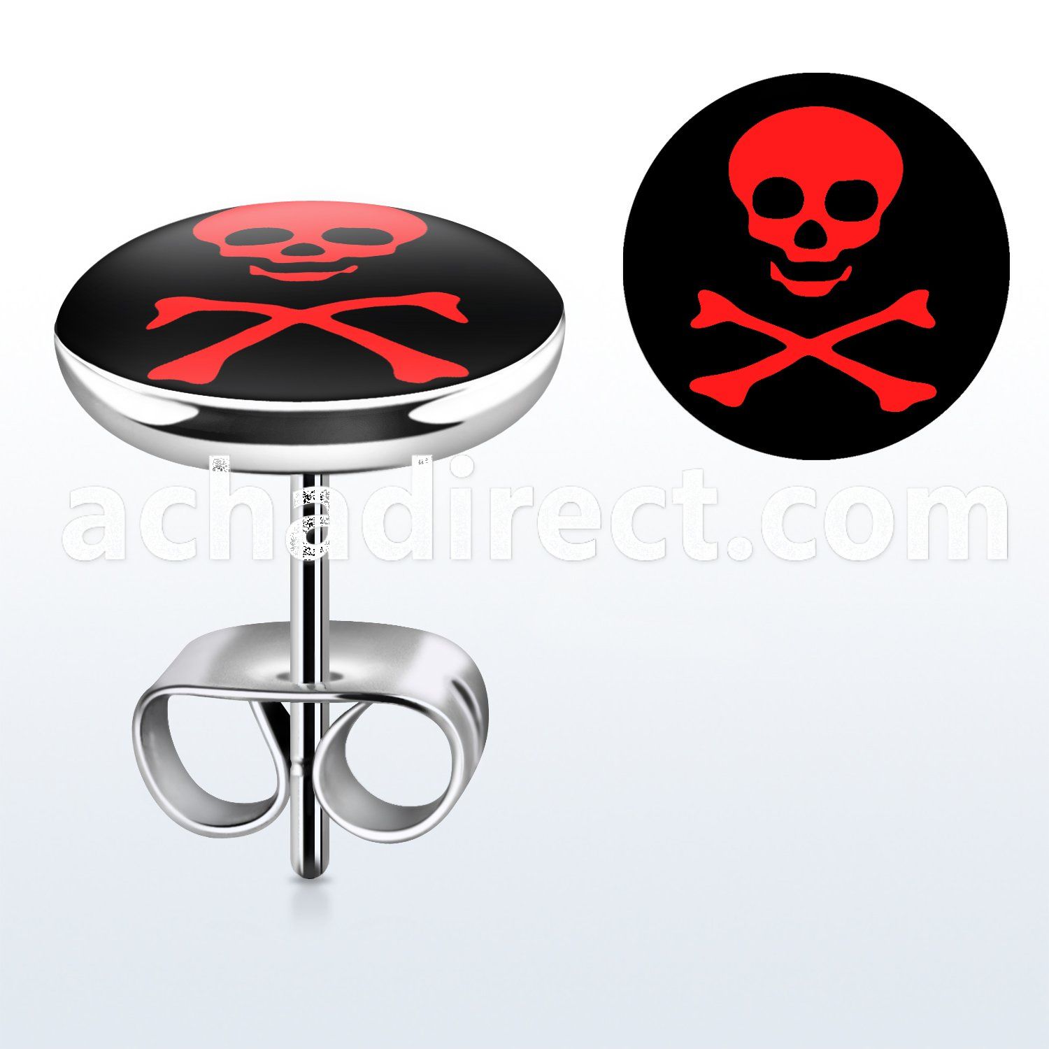 er197 pair of steel ear studs w red skull crossbones