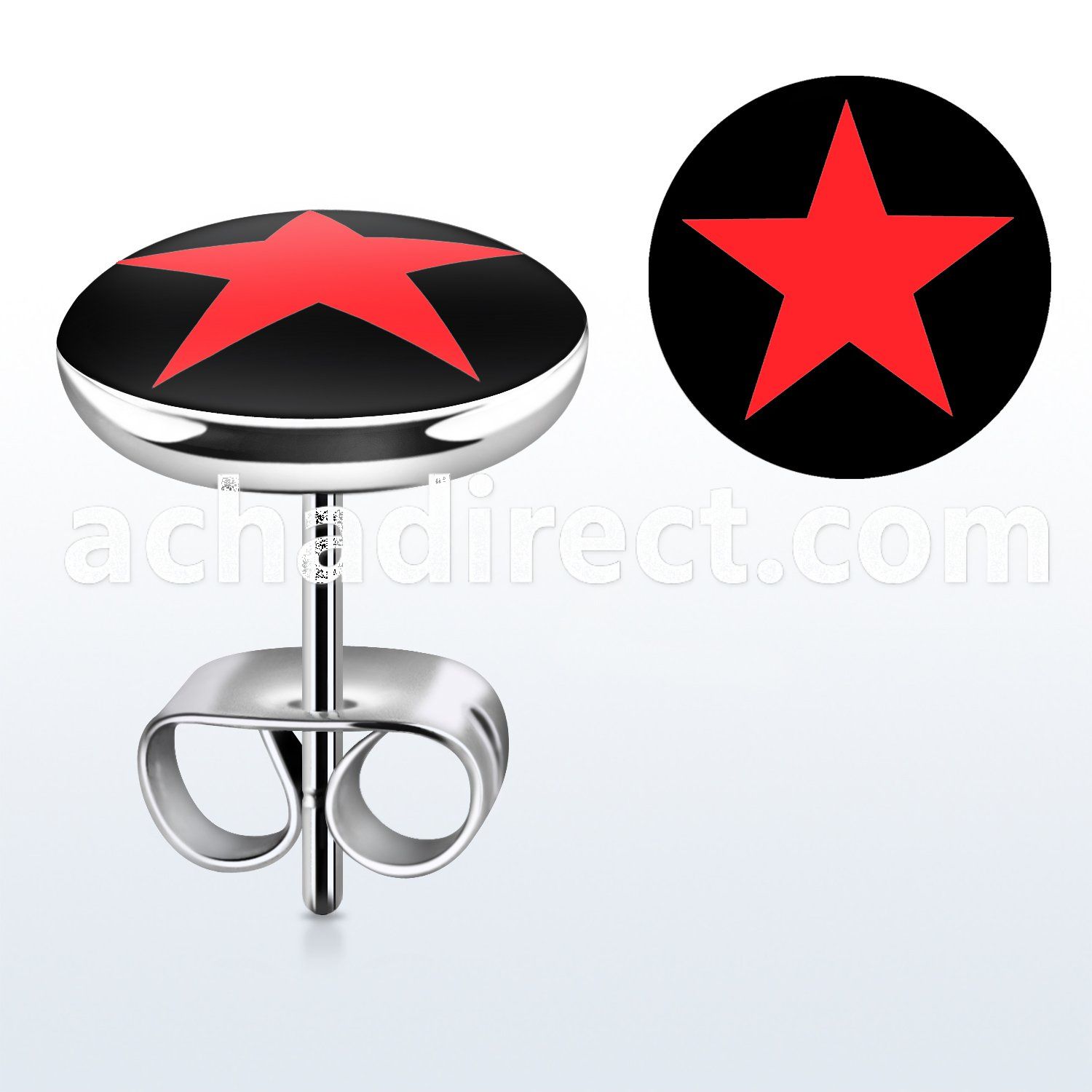 er201 pair of stainless steel ear studs w red star on black