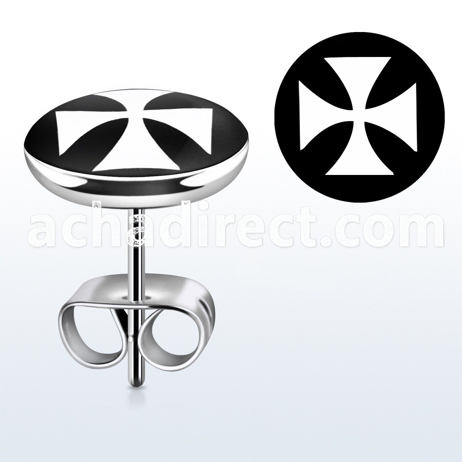 er202 pair of stainless steel ear studs with iron cross logo