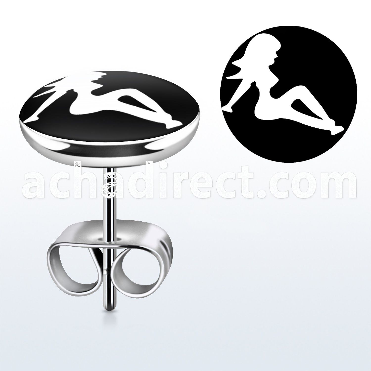 er203 pair of stainless steel ear studs with mudflap girl logo