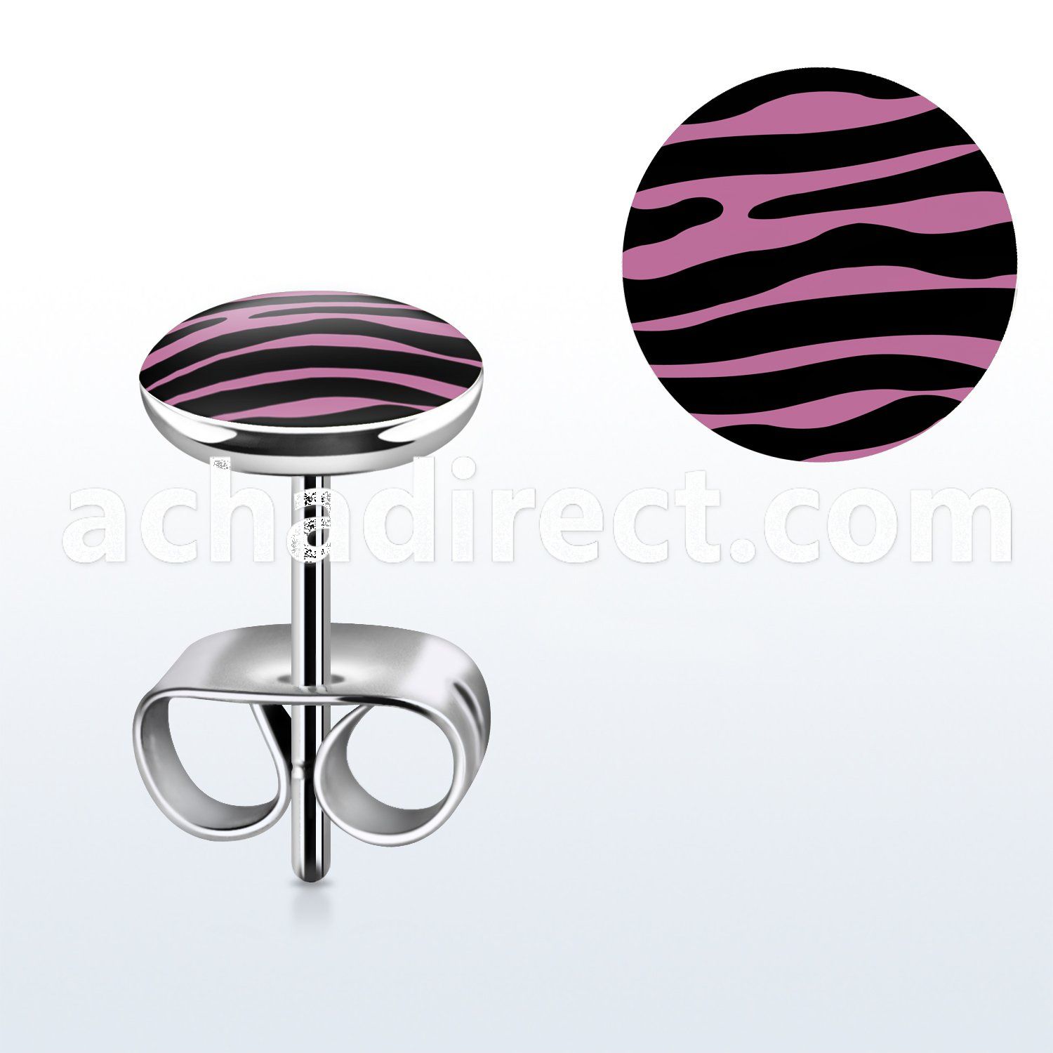 er233 pair of steel earring studs w black pink zebra logo