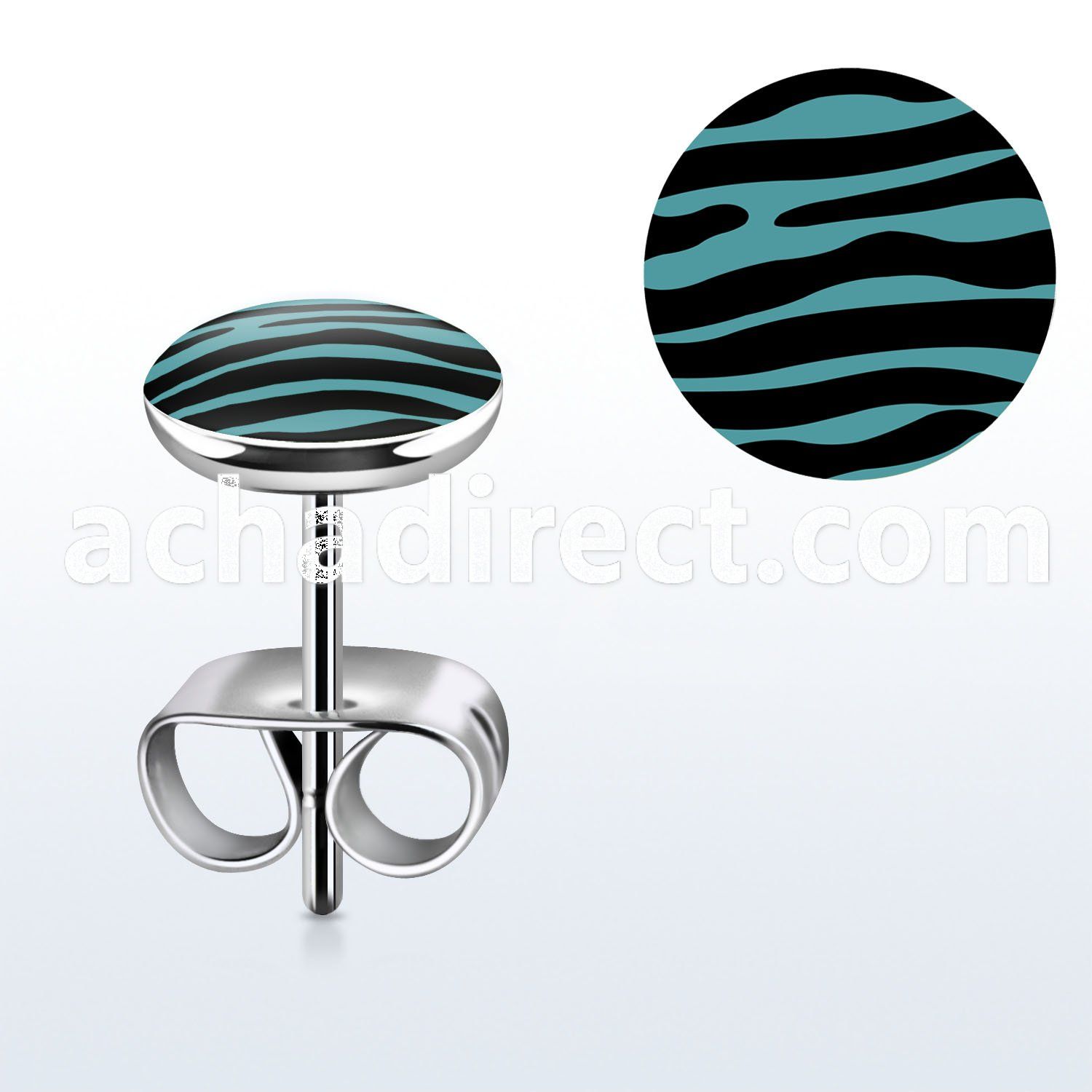 er234 pair of steel earring studs w black blue zebra logo
