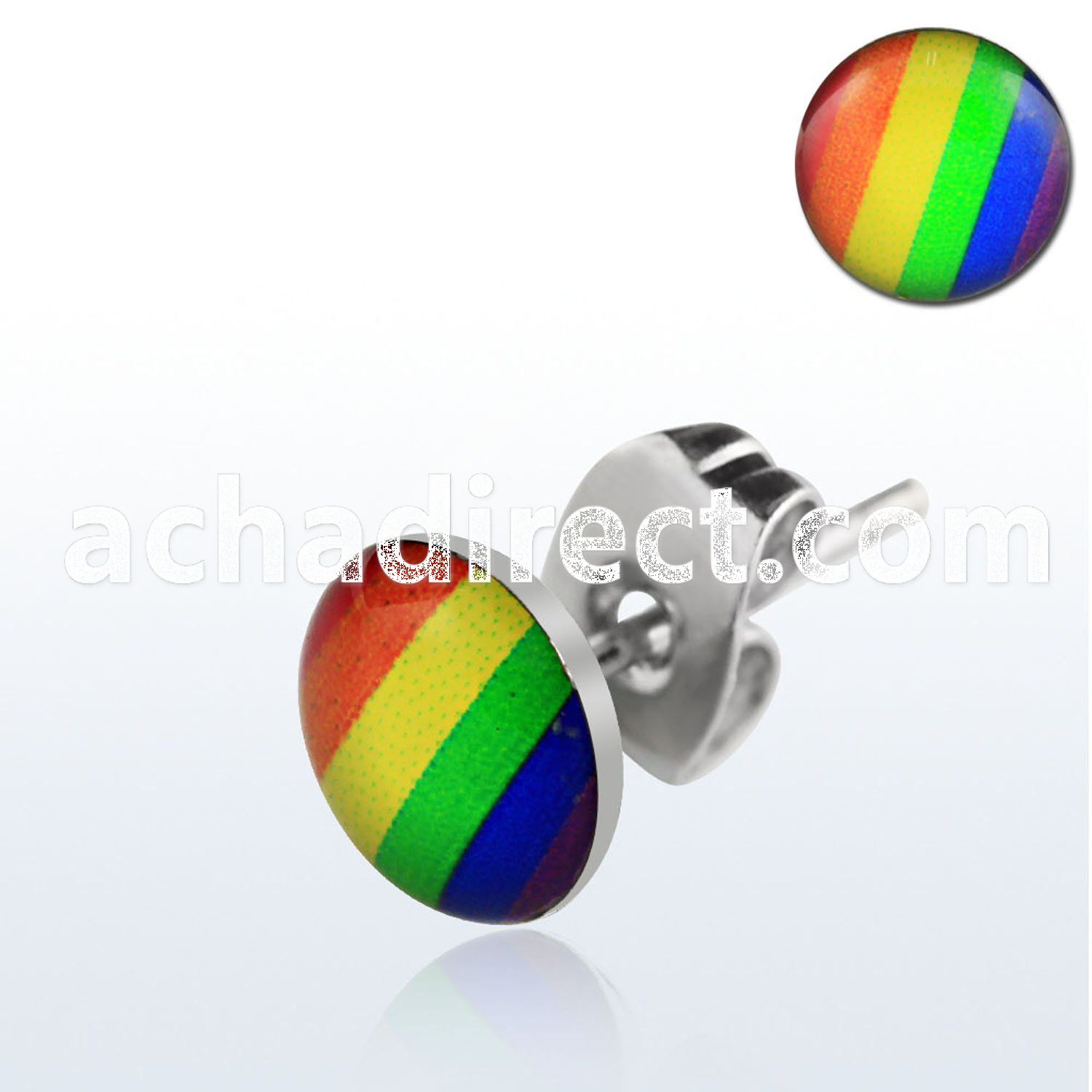er235 pair of stainless steel ear studs with gay pride rainbow