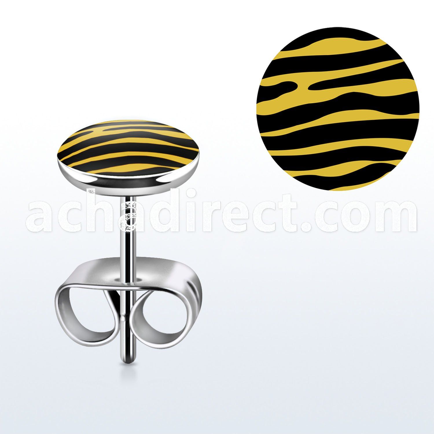 er239 pair of steel ear studs w black yellow zebra logo