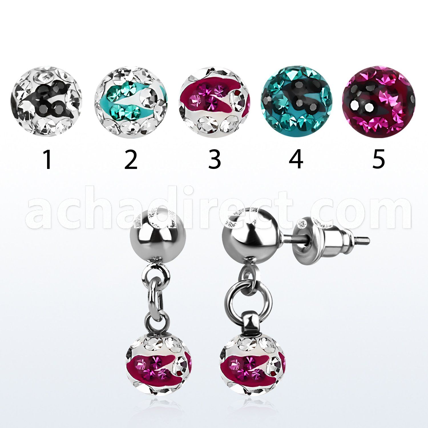 er263c 316l steel ear stud w a 6mm zebra multi crystal ball