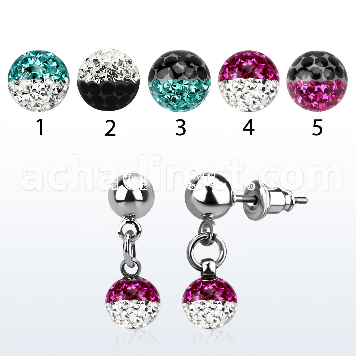er263e 316l steel ear stud with dangling ferido 2 color ball