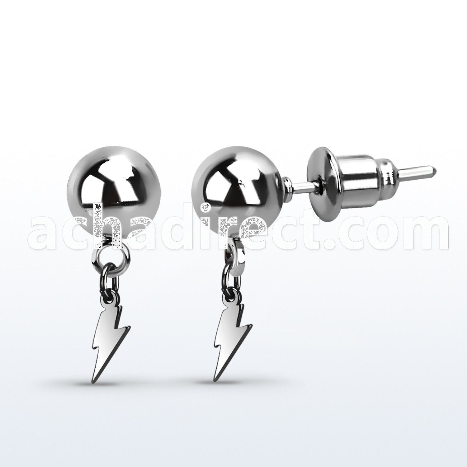 er270 316l steel ear stud w a dangling steel lightning symbol