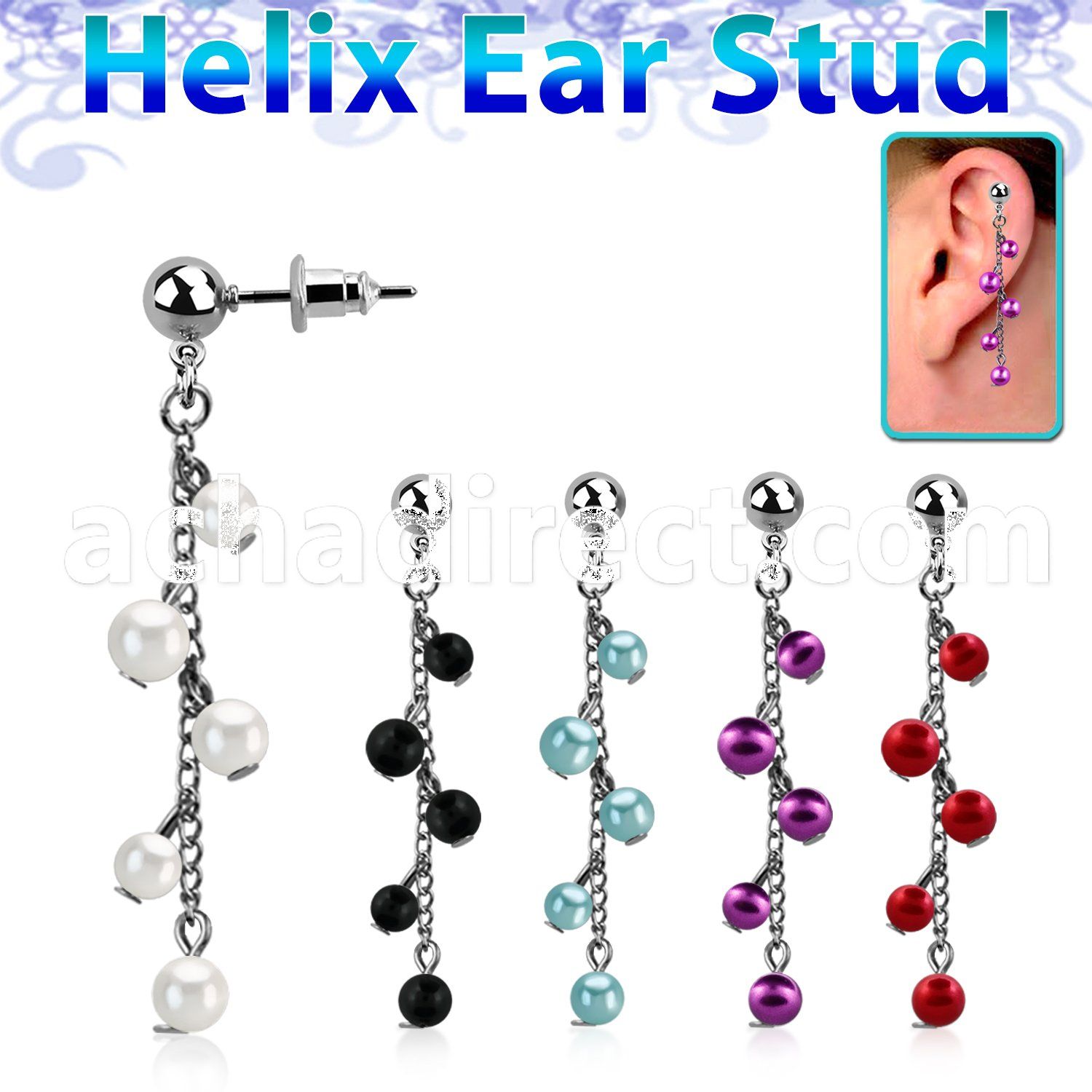erbd10 316l steel helix ear stud ball with multi pearl chain