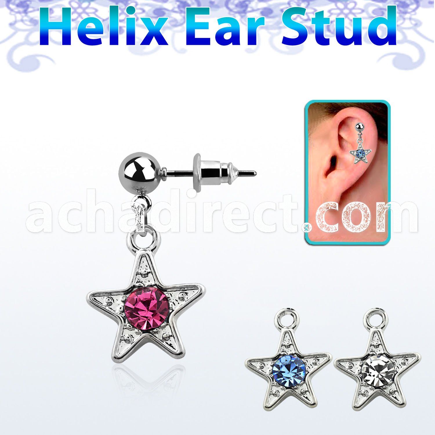 erbd12 316l steel helix ear ball stud w dangling crystal star
