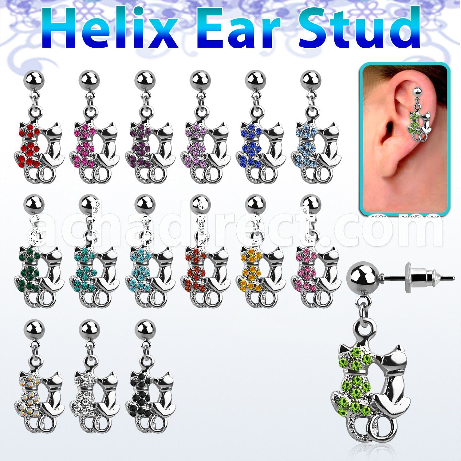 erbd1 316l steel helix ear stud ball w dangling crystal cat